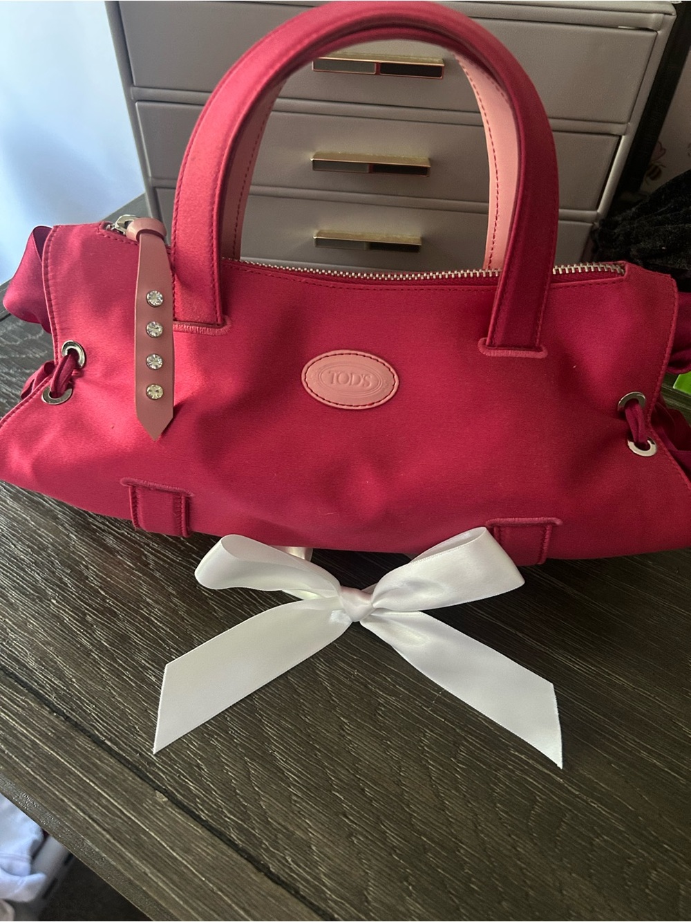 TOD'S Pink & Light Pink Canvas Satchel with Studded Tag